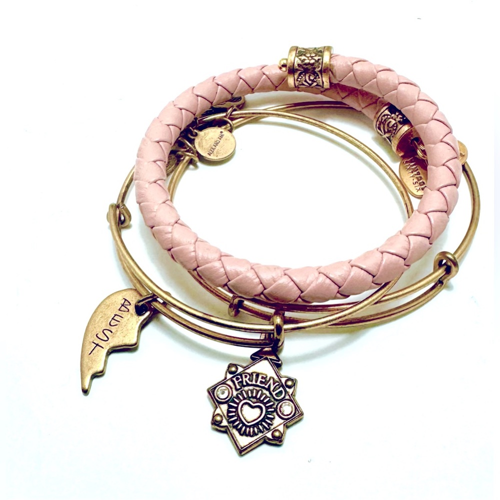 Alex and Ani Stack 3 Bracelets “Best”, “Friend”, Vintage 66 Leather Bangle EUC